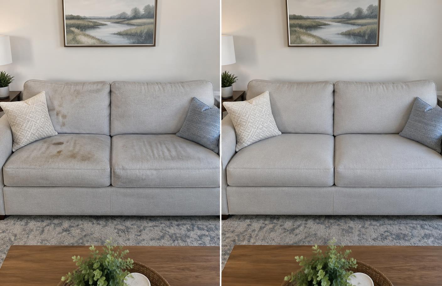 Világos kanapé tisztítás előtt és után – AI-illusztráció